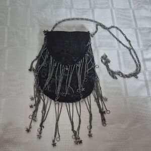 Free People Black Suede Crossbody Bag with Fringe and Stars